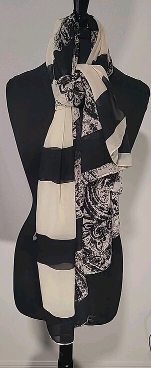 None and/or Unknown Accessories - Black White Paisley Scarf Lightweight Classic Boho